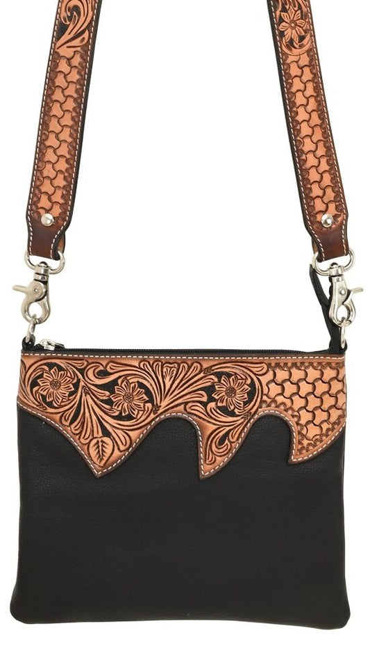 Rafter T Ranch Black Leather Tooled Crossbody Bag