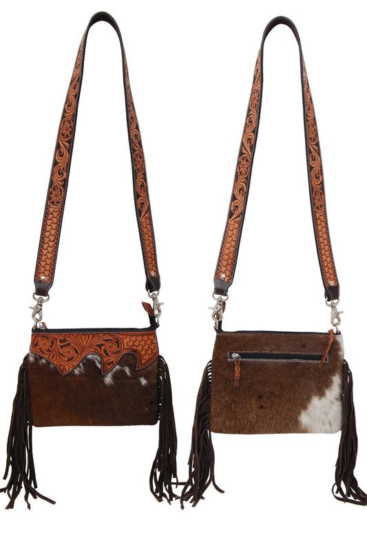 Rafter T Ranch Brown Cowhide Tooled Leather Crossbody Bag