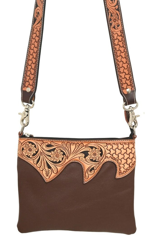 Rafter T Ranch Brown Leather Tooled Crossbody Bag