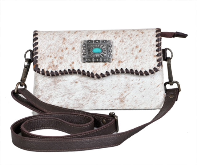 Rafter T Ranch Brown Cowhide with Turquoise Concho Crossbody