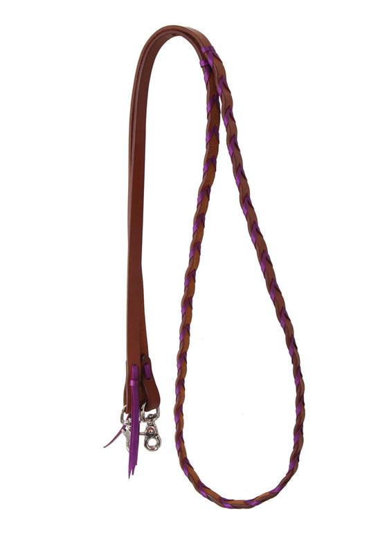 Rafter T Ranch Barrel Rein W/ Purple Plait